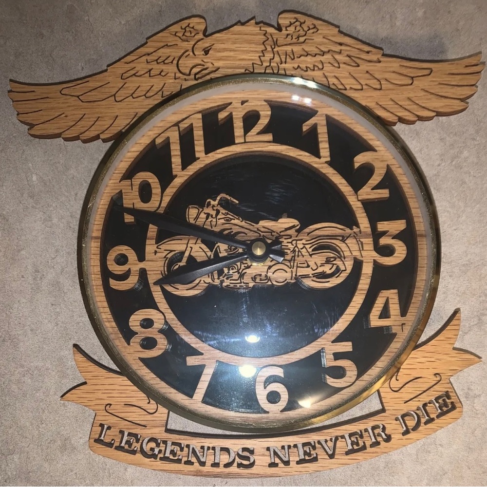Legends Never Die Motorcycle & Eagle Laser‎ Cut Wood Wall Hanging Clock - works.